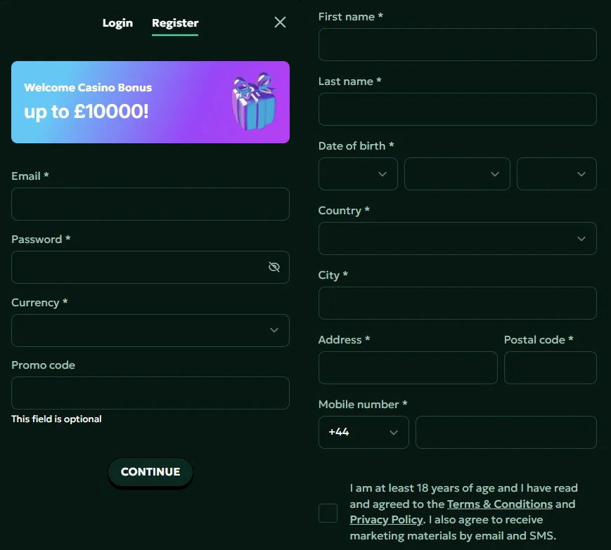 SagaSpins Casino registr
